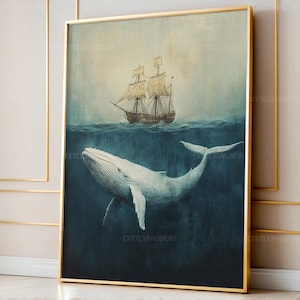 Vintage Ship Poster, Whale And Ship Ocean Art, Giant Whale Wall Print, Majestic Whale Decor, Nautical Home Art, Retro Maritime Artwork.