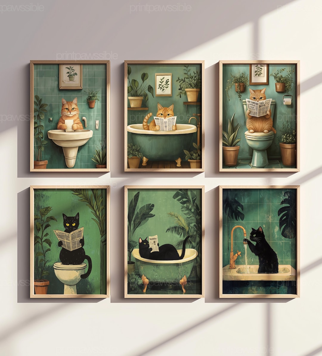 Bathroom Cat Print Set of 6, Funny Pink & Orange Cat Bathroom Posters ...