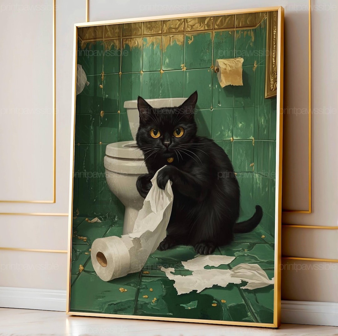 Toilet Paper Cat Print, Mischievous Black Cat Bathroom Art, Funny Cat ...