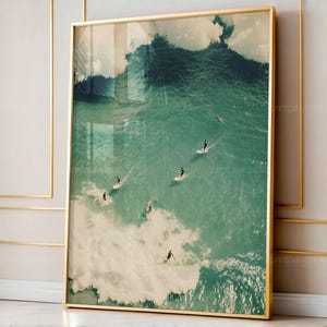 Sage Green Tiny Surfer Wall Art Print, Retro Sun Beach House Decor, Aerial Photo Surfboard, Tiny People Swimming, College Apartment Print