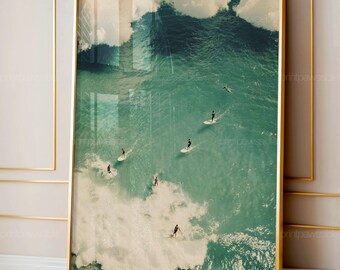 Sage Green Tiny Surfer Wall Art Print, Retro Sun Beach House Decor, Aerial Photo Surfboard, Tiny People Swimming, College Apartment Print