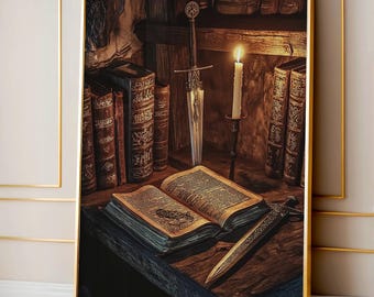 Medieval Fantasy Library Art Print, Candlelit Knight Study Scene, Dark Academia Bookish Wall Art for Book and Sword Lovers