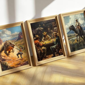 Funny Cowboy Dinosaur Wall Art Bundle, Vintage Western Jurassic Prints, Humorous Oil Painting Posters, Gift for Him, Set of 3 Prints