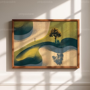 Könnte beinhalten: Ein gerahmter Kunstdruck mit einer abstrakten Landschaft mit einem Golfer, einem Baum und einem fließenden Fluss. Das Kunstwerk verwendet Farbtöne von Grün, Gelb und Blau, mit einem braunen Holzrahmen. Der Druck hat den Text "printpawssible" in den Ecken.