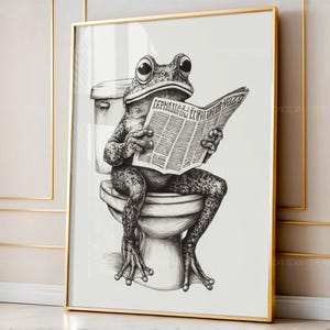 Retro Frog on Toilet Print, Funny Bathroom Wall Art, Quirky Amphibian Decor, Digital Download, Printable Frog Bathroom Poster