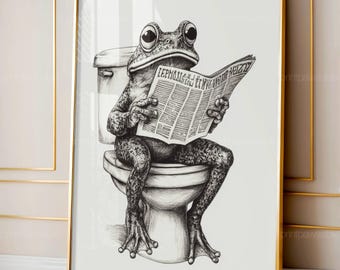 Retro Frog on Toilet Print, Funny Bathroom Wall Art, Quirky Amphibian Decor, Digital Download, Printable Frog Bathroom Poster