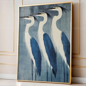 Vintage Crane Painting, Antique Watercolor Wall Art, Elegant Japanese Artwork, Rustic Farmhouse Decor for Living Room