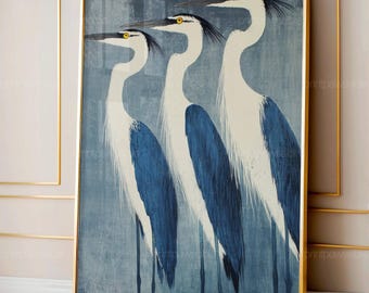 Vintage Crane Painting, Antique Watercolor Wall Art, Elegant Japanese Artwork, Rustic Farmhouse Decor for Living Room