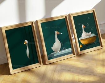 Silly Goose Bathroom Art Set, Funny Brushing Teeth & Bathtub Prints, Quirky Green Nursery Decor, Kids Animal Wall Art Bundle