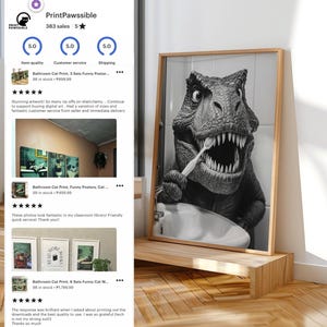 May include: A black and white digital print of a dinosaur brushing its teeth in a bathroom sink. The print is framed in a light wood frame and is hanging on a wall. The print is part of a set of funny bathroom prints featuring cats.