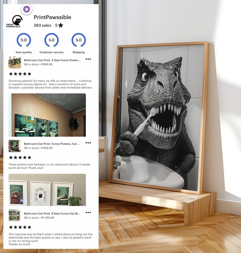 May include: A black and white digital print of a dinosaur brushing its teeth in a bathroom sink. The print is framed in a light wood frame and is hanging on a wall. The print is part of a set of funny bathroom prints featuring cats.