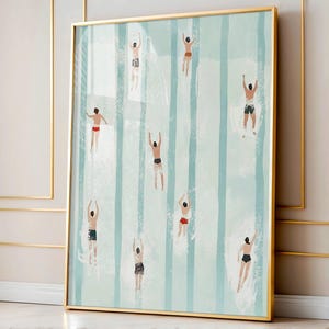 Impressão de pequenos nadadores na piscina, pôster fofo de verão, impressão vertical de piscina, arte de parede minimalista, decoração de casa de praia, download digital