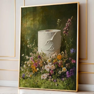 Decorazione per il bagno verde scuro, rotolo di carta igienica, arte murale floreale per il bagno, dipinto di fiori vintage, stampa digitale Cottagecore Moody Wildflowers