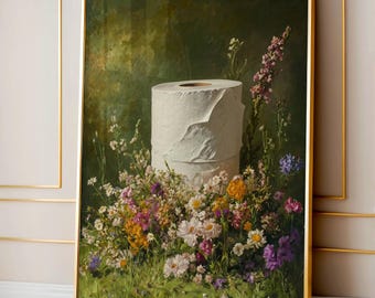 Dark Green Bathroom Decor, Toilet Paper Roll, Floral Bath Wall Art, Vintage Flowers Painting, Moody Wildflowers Cottagecore Digital Print