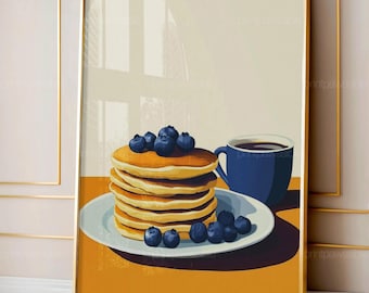 Decoración de pared para cocina de panqueques, lámina de desayuno retro, decoración de cafetería, póster de brunch, arte de panqueques de arándanos, lámina de comida vintage para imprimir