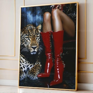 Pôster retrô de oncinha, estampa de botas vermelhas, pôster de alta moda, estética hypebeast, arte de parede luxuosa, pôster de designer chique, foto de garota descolada