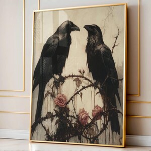 Vintage Gothic Romantische Raben Paar Poster, Schwarze Rose Blumen, Kunst Poster Druck, Home Decor, Viktorianische Krähe, Cottagecore
