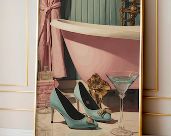 High Heel Glam Art Print | Pink Clawfoot Tub Illustration | Chic Martini Girl Bathroom Decor | Feminine Vintage Digital Download