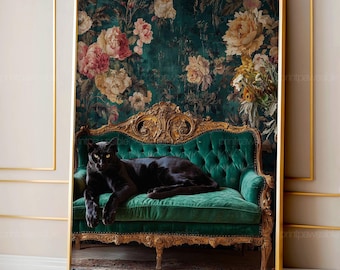 Maximalistische Panther-Wandkunst, elegantes Tierdruck-Poster, auffällige Blumendekoration, luxuriöser schwarzer Panther-Druck, Boho-Dschungel-Glamour-Kunst