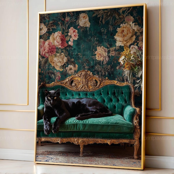 Maximalist Panther Wall Art, Elegant Animal Print Poster, Bold Floral Decor, Luxury Black Panther Print, Boho Jungle Glam Art