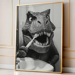 May include: A black and white photo of a dinosaur brushing its teeth with a toothbrush. The dinosaur is in a bathroom setting with a sink and faucet.