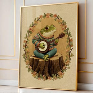 Banjo Frog Folk Art | Whimsical Cottagecore Printable | Cozy Frog Playing Music Digital Wall Art | Instant Download Illustration