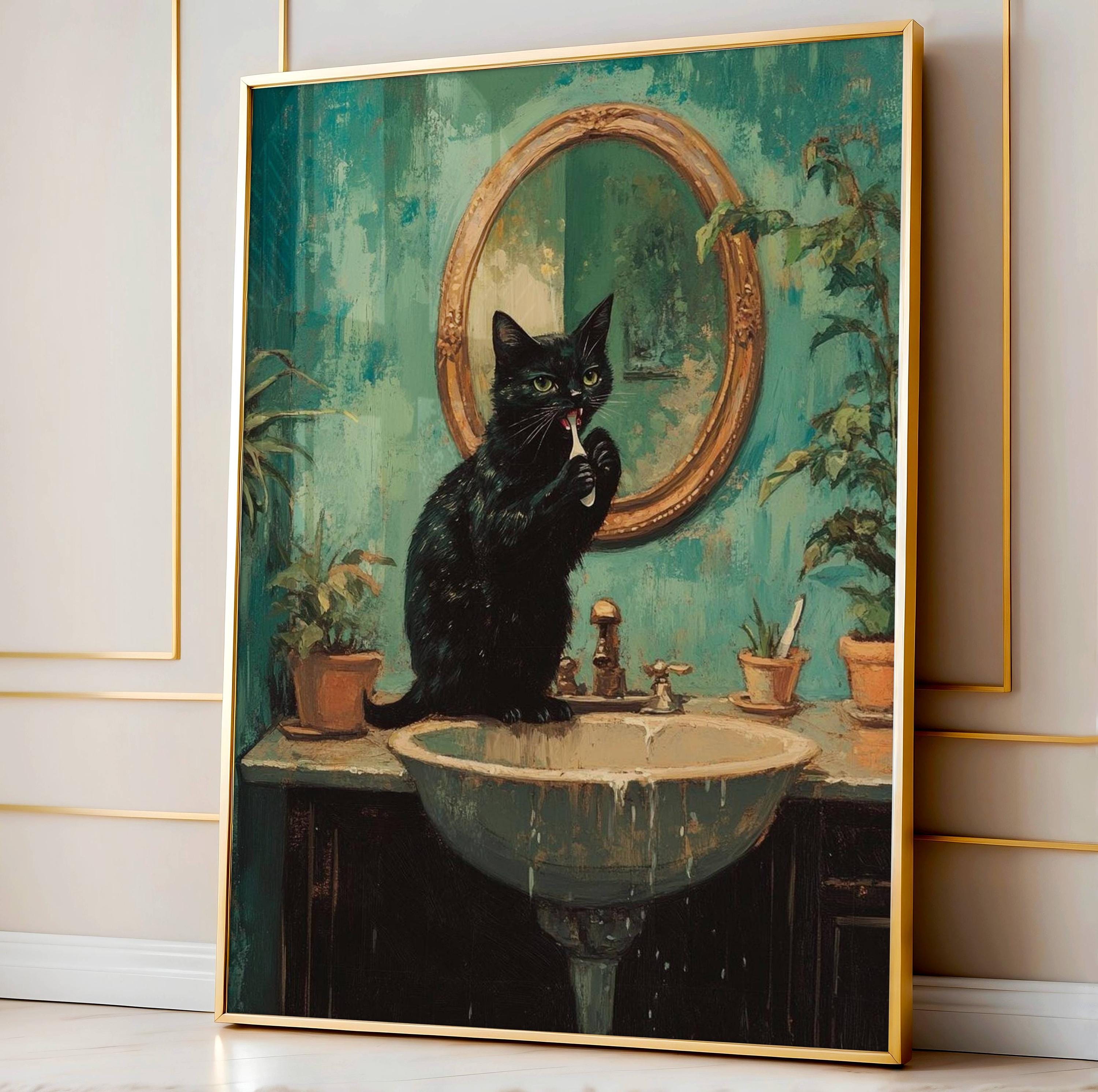 Funny Bathroom Cat Wall Art Set of 3, Black Cat Vintage Green Bathroom ...