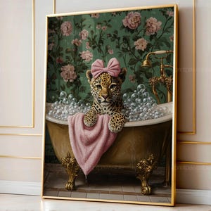 Leopard Bathtub Art Print, Jungle Bathroom Decor, Funny Exotic Cat Poster (Digital Download)