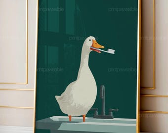 Bathroom goose art print, Silly goose brushing teeth wall decor, Dark Green Kids Bathroom Print, Funny Nursery Wall Art