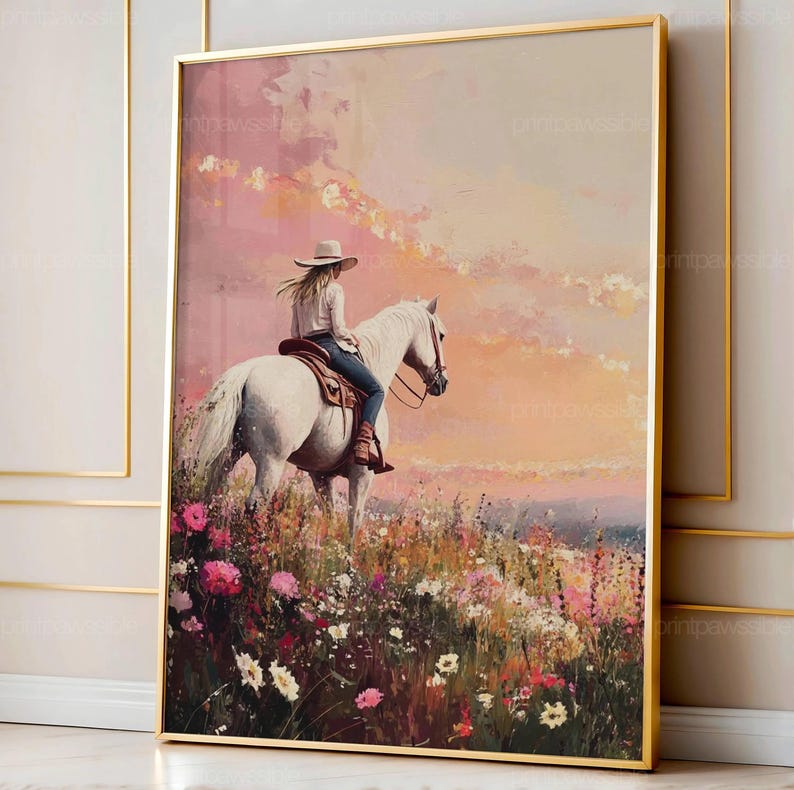 May include: A framed art print showing a person on a white horse in a wildflower meadow. The rider wears a hat and jeans. The background has a sunset with pink and orange colours. The artwork is in a gold-coloured frame.