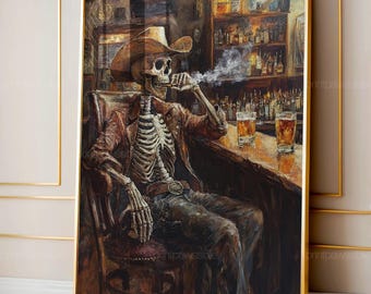 Skeleton Cowboy Bar Art Print, Western Road Trip Decor, Rustic Saloon Wall Art, Cowboy Home Decor, Digital Download, Western Skeleton Poster