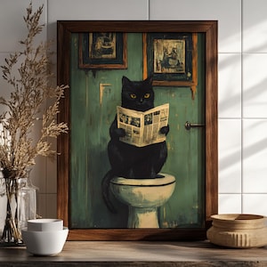 Impresión de gato para baño, carteles divertidos, decoración de pared de baño con gato divertido, impresión de arte de pared para habitación, póster de gato divertido, arte de pared para baño, póster de inodoro
