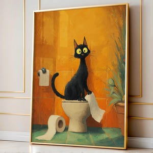Funny Toilet Paper Cat Poster, Black Cat Bathroom Wall Art, Quirky Feline Decor, Playful Cat Humor Print, Hilarious Cat Wall Sign