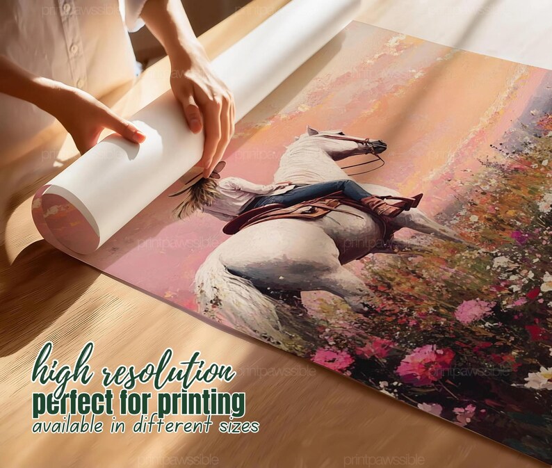 May include: A rolled canvas print depicting a white horse and rider amidst a floral landscape. The artwork uses a warm colour palette of pinks, oranges, and greens. Text on the print reads "high resolution" and "available in different sizes."