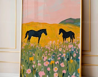 Wild Horses Pink Nursery Art, Equestrian Painting, Pastel Horse Wall Decor, Digital Download, Printable Horse Poster, Girls Room Art
