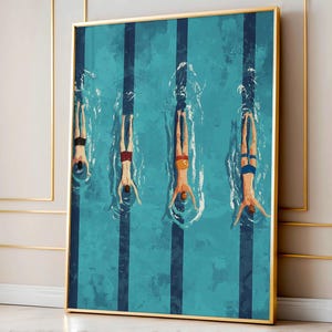 Tiny Swimmers Art Print, 4 Lane Minimalist Pool Poster, Vintage Blue Sports Wall Decor, Whimsical Swimming Scene, Digital Download