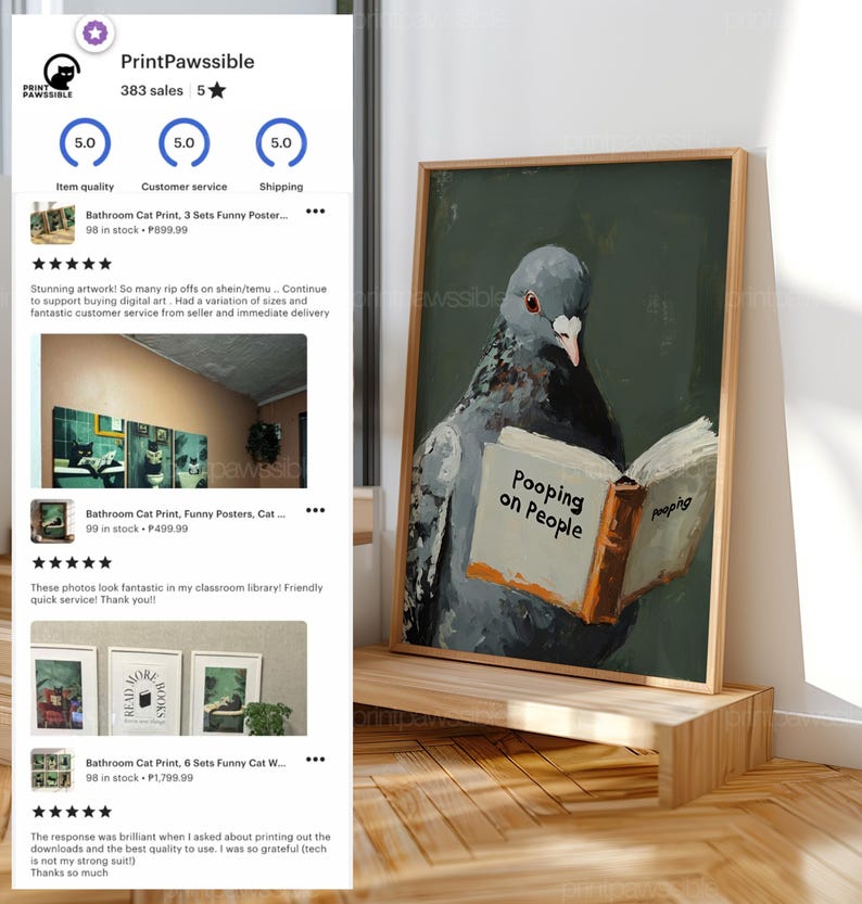 Funny Pigeon Art, Pooping on People Bird Print, Quirky Bathroom Wall Decor, Pigeon Reading Book Poster, Humorous Digital Download image 2