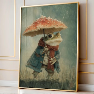 Arte de rana bajo la lluvia / Arte imprimible de rana estilo cottagecore caprichoso, decoración de pared de animales vintage melancólicos, obra de arte digital de naturaleza divertida