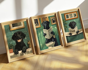 Funny Dog Bathroom Wall Art Set of 3, Black Lab Bathroom Prints, Dog on Toilet Art, Funny Pet Decor, Dog Lover Gift, Printable Wall Art