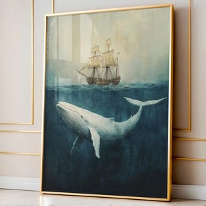 Vintage Schiff Poster, Wal und Schiff Ozean Kunst, Riesenwal Wanddruck, Majestätische Wal-Dekor, Nautische Kunst, Maritime Retro Kunst