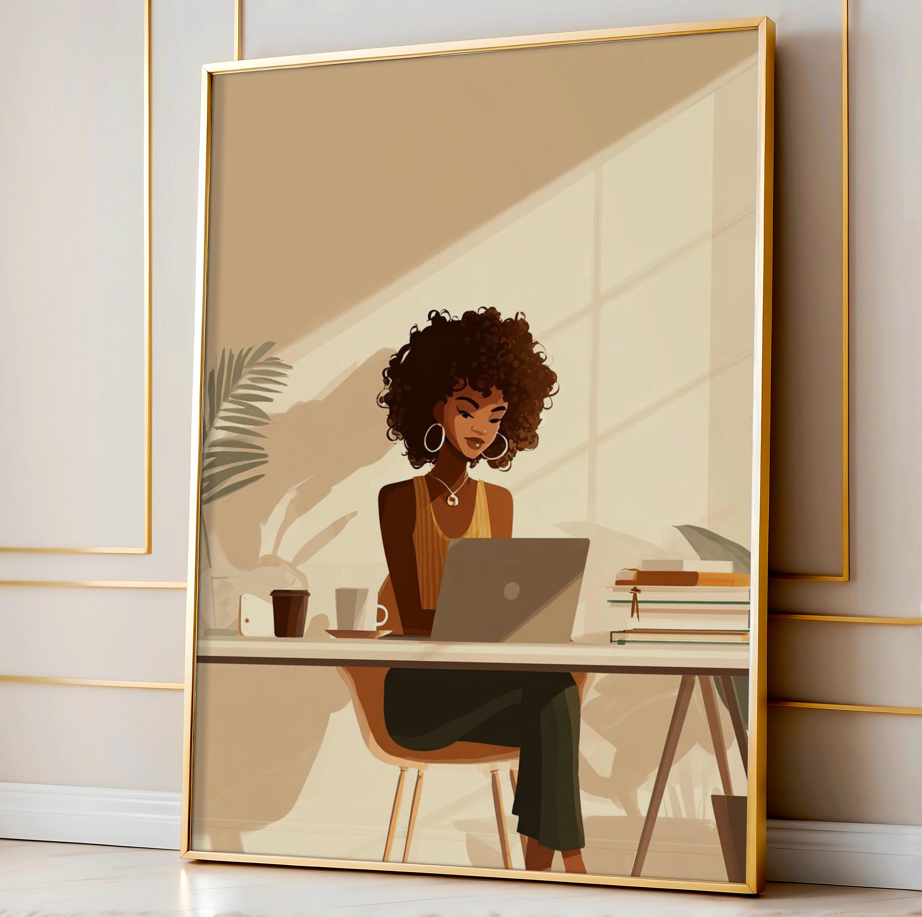 Black Woman Office Wall Art, African American Professional Girl Laptop ...
