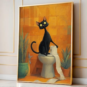 Curious Cat Toilet Paper Art, Funny Black Cat Bathroom Poster, Hilarious Cat Wall Art, Quirky Feline Decor, Bathroom Humor Print