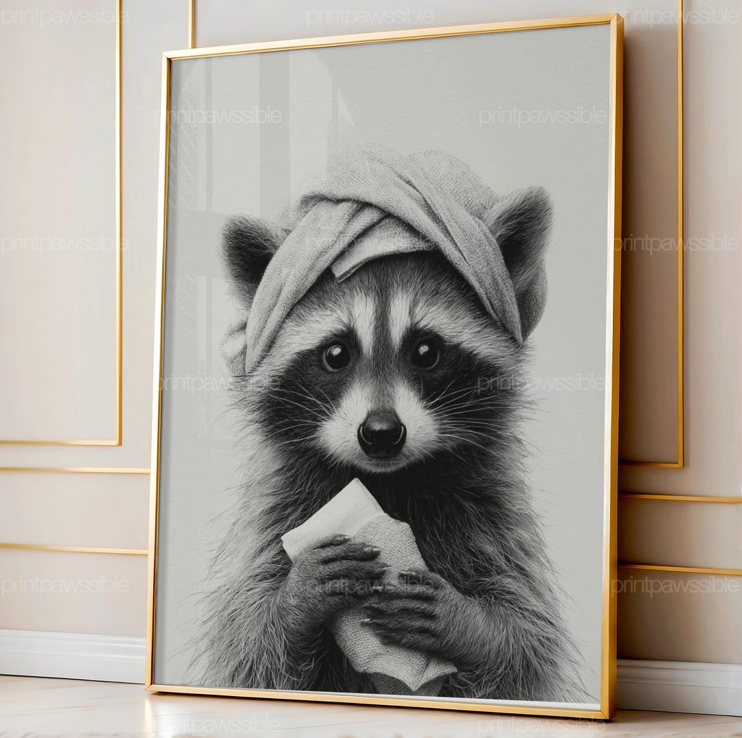 Shower Cap Raccoon Art Print, Funny Bathroom Wall Decor in Black and ...