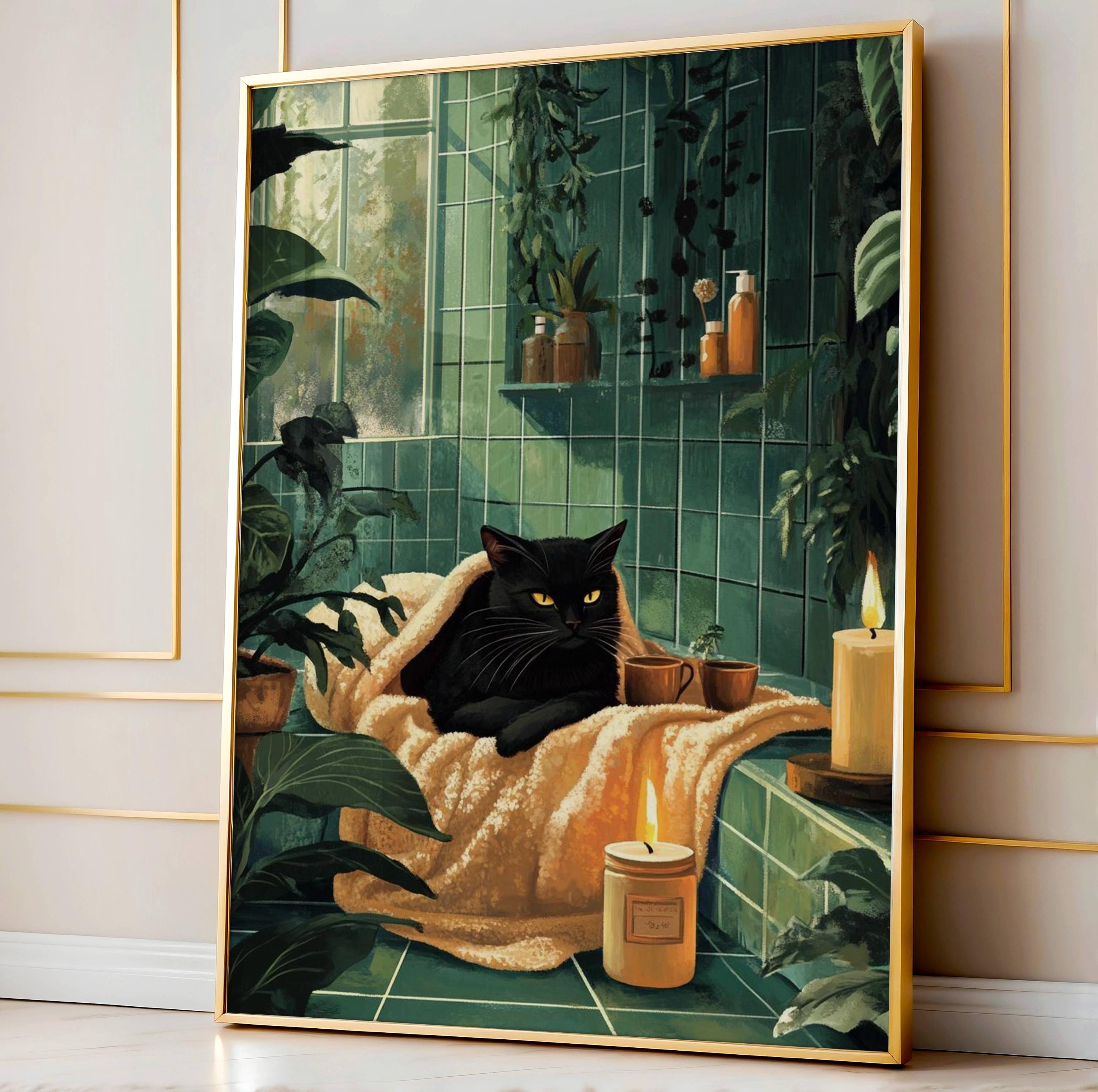 Funny Bathroom Cat Wall Art Set of 3, Black Cat Vintage Green Bathroom ...