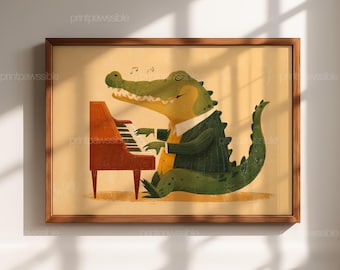 Crocodile Piano Player Art, Retro Animal Music Wall Print, Cute Nursery Illustration, Kids Room Decor