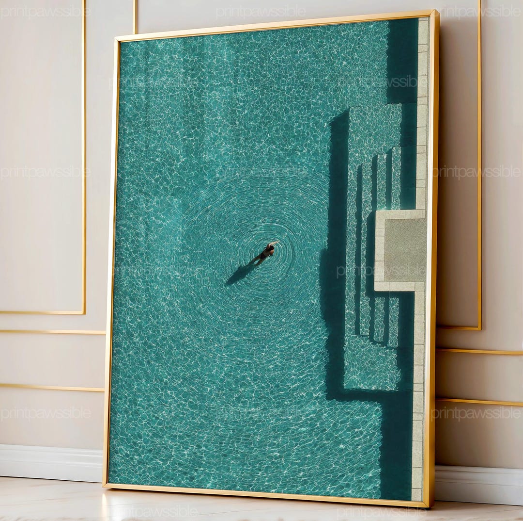 Minimalist Swimming Pool Art | Aerial Tiny Swimmer Print | Turquoise ...
