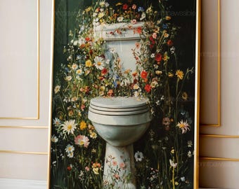 Dark Green Botanical Bathroom Art, Vintage Floral Painting, Rustic Nature Wall Decor, Digital Download, Printable Botanical Poster