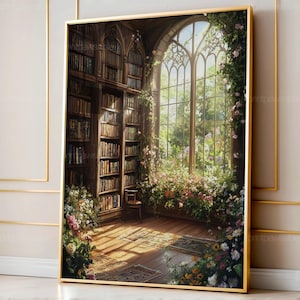 Sztuka w bibliotece kwiatów, wystrój Dark Academia, gotyckie dekoracje ścienne do domu, wydruki książek botanicznych, plakat kwiatowy Cottagecore, sztuka w zielonej księgarni