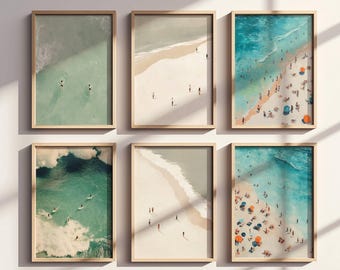 Set von 6 kleinen Menschen, die im Ozean schwimmen, minimalistische druckbare Wandkunst, Strandhausdekor, Sommerposter