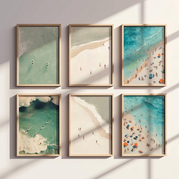Conjunto de 6 figuras diminutas de personas nadando en el océano, arte minimalista para imprimir en la pared, decoración para casa de playa, póster de verano.
